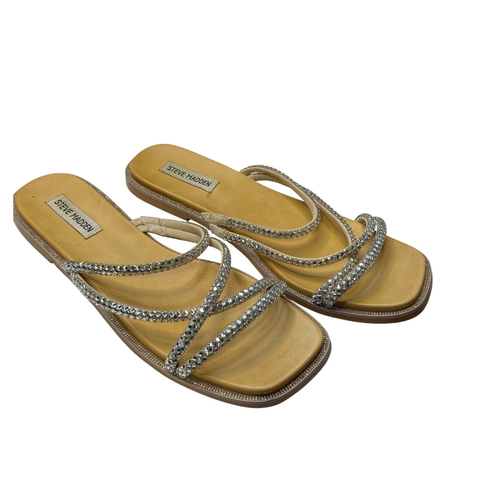 Steve Madden Spice Rhinestone Multi‎ Strap Square Toe Flat Sandals Tan Silver 10